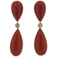 Gold Red Coral Diamond Tear Drop Earrings 8