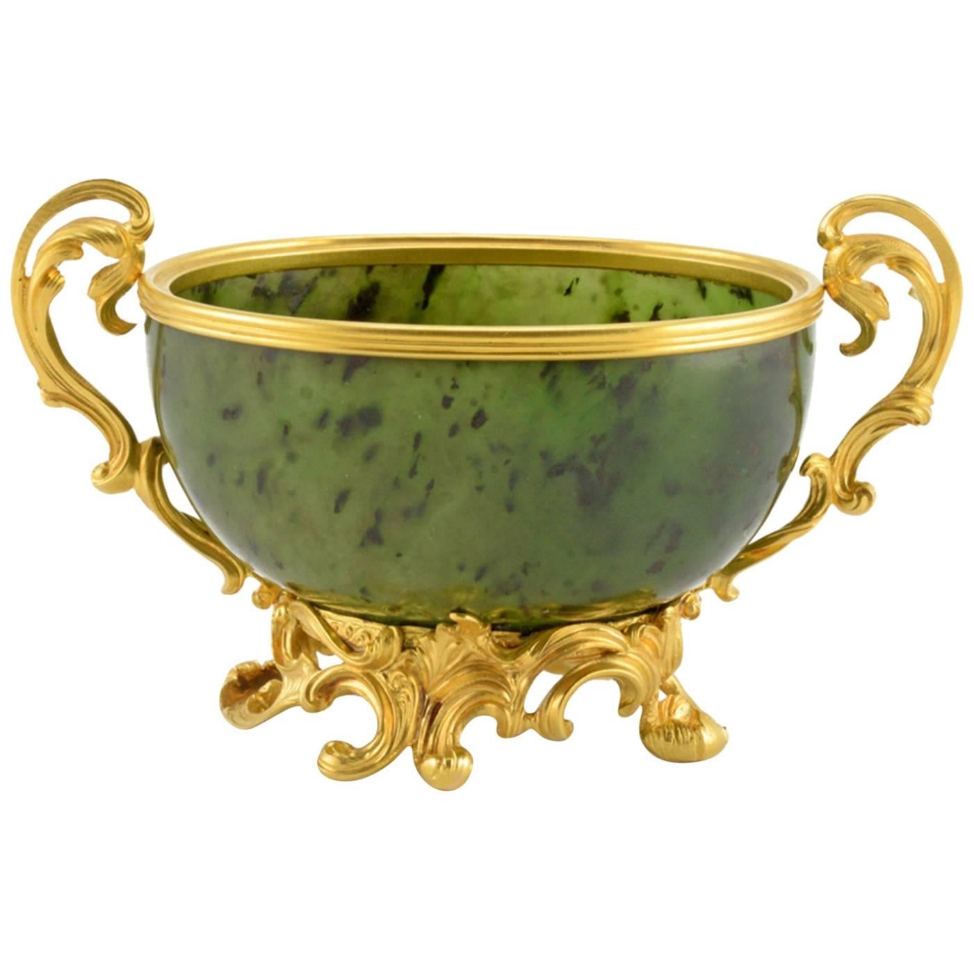 Antique Fabergé Imperial Russian Gold and Carved Nephrite Bowl
