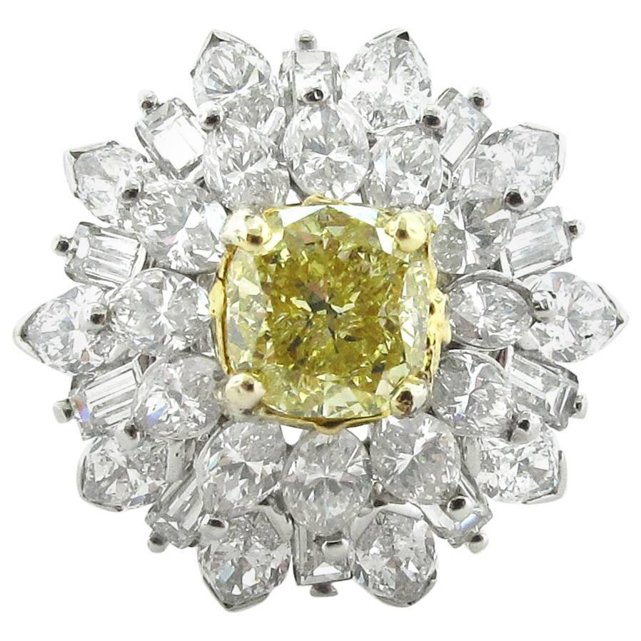 1.64 Carat Fancy Light Yellow Cushion Cut Diamond Ring, GIA Certificate