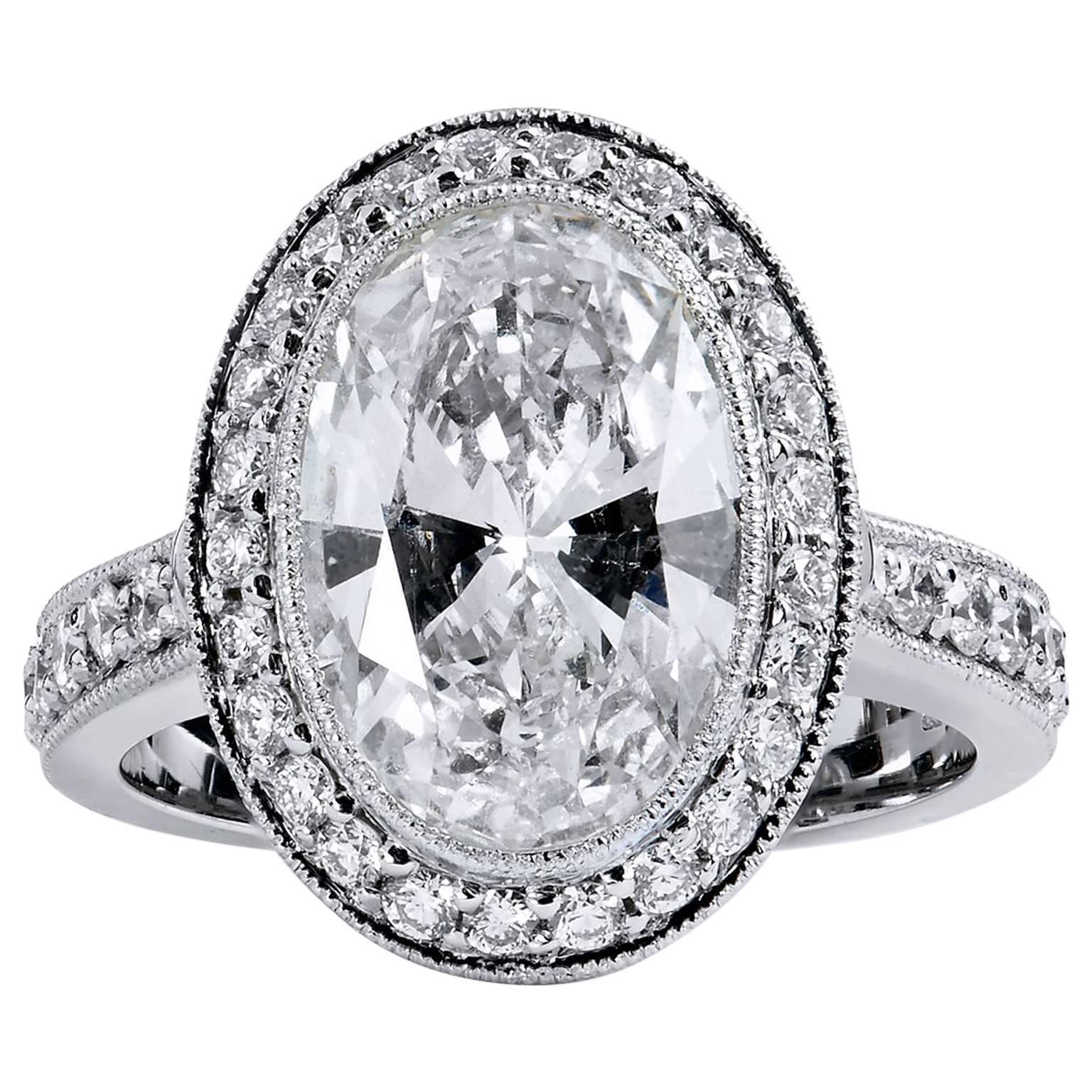 GIA Certified 3.18 Carat Oval Bezel Set Diamond & Pave Platinum Engagement Ring