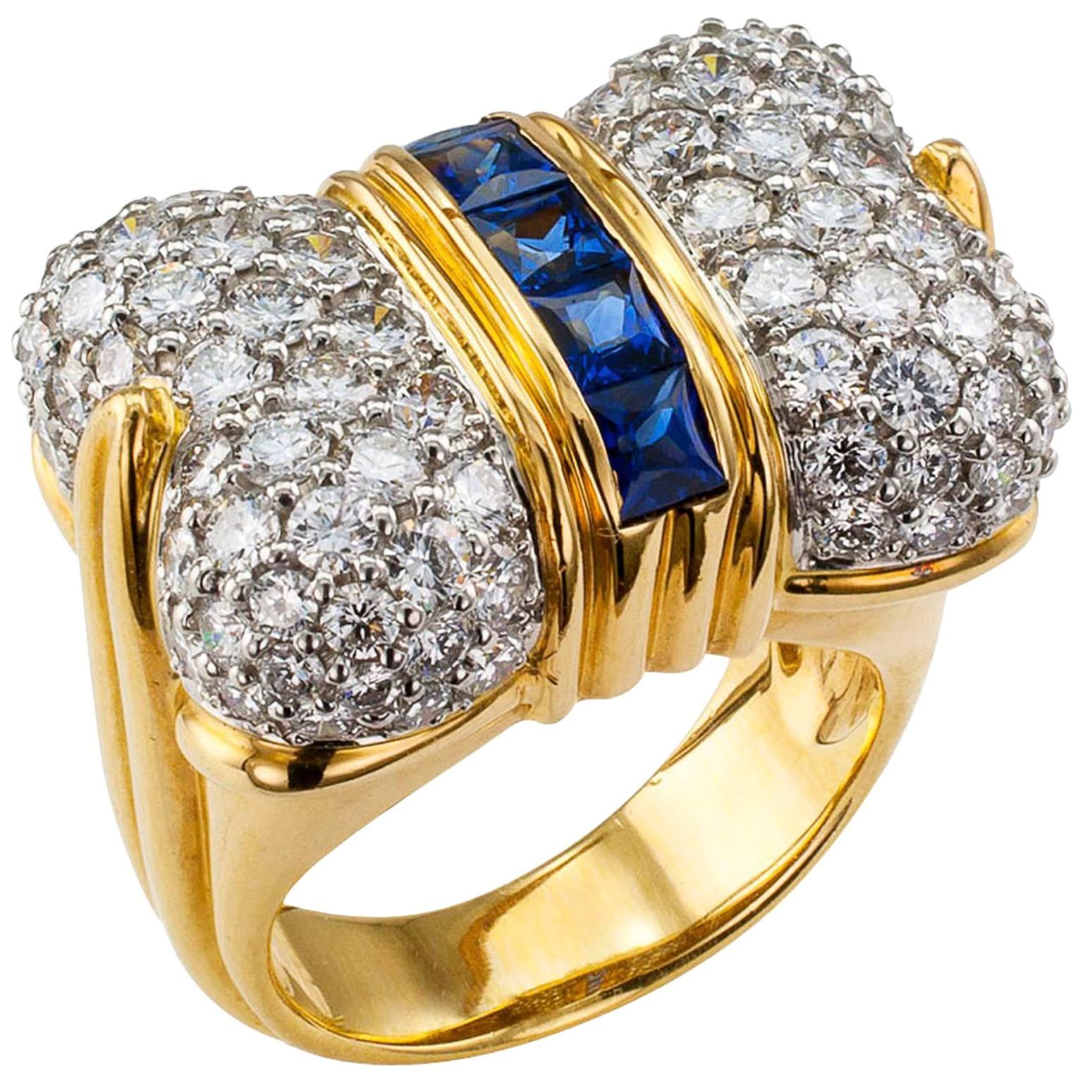1980s Bow Ring Diamond Sapphire Gold Platinum
