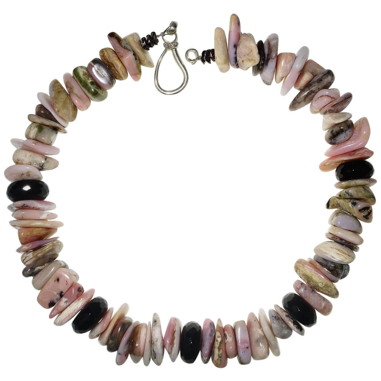 Necklace of Chunky Slices of Pink Peruvian Opal Accented with Black Onyx Rondels