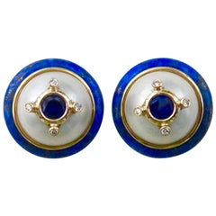 Michael Kneebone Sapphire Diamond Mobe Pearl Lapis Lazuli Button Earrings