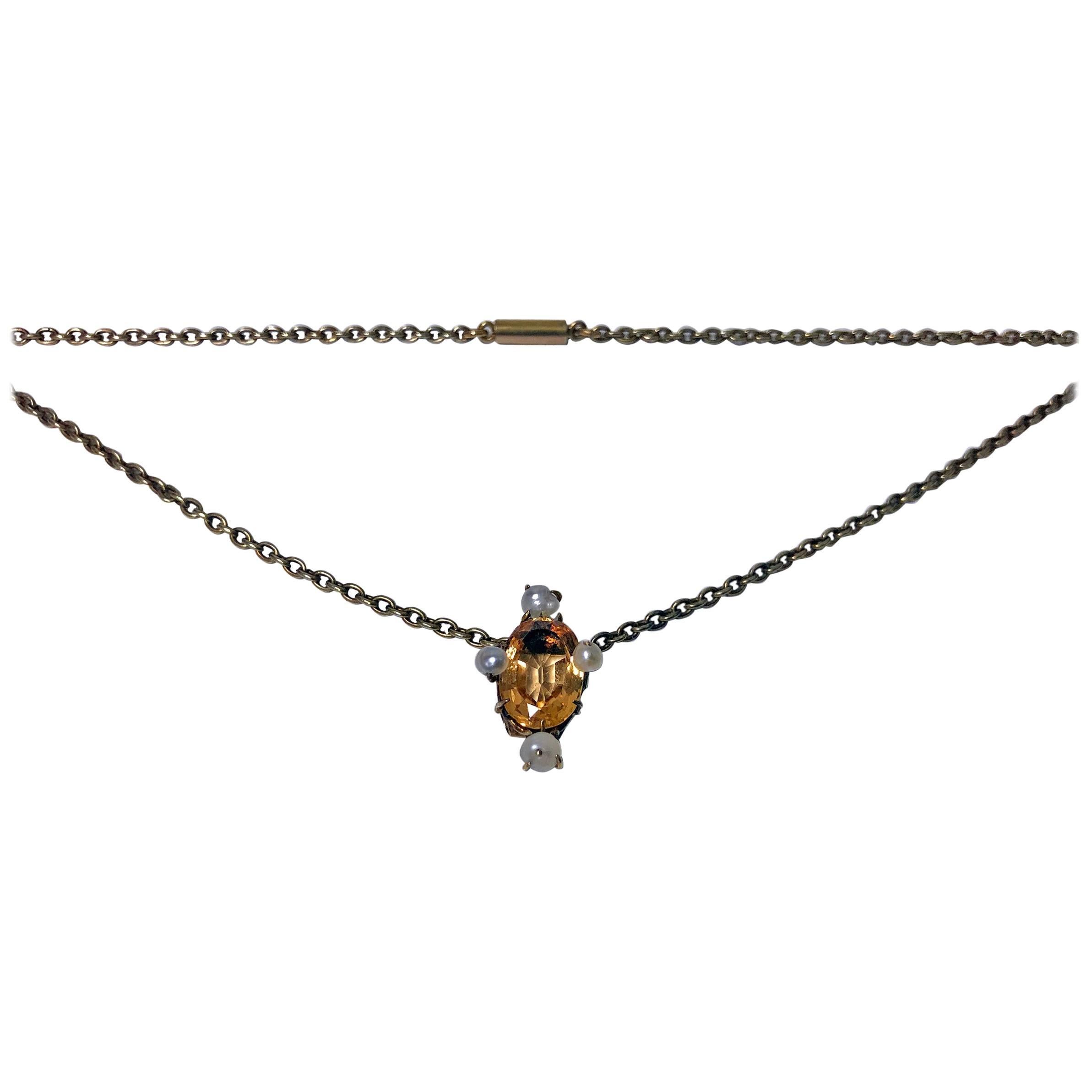 Antique Imperial Topaz and Pearl Pendant Necklace