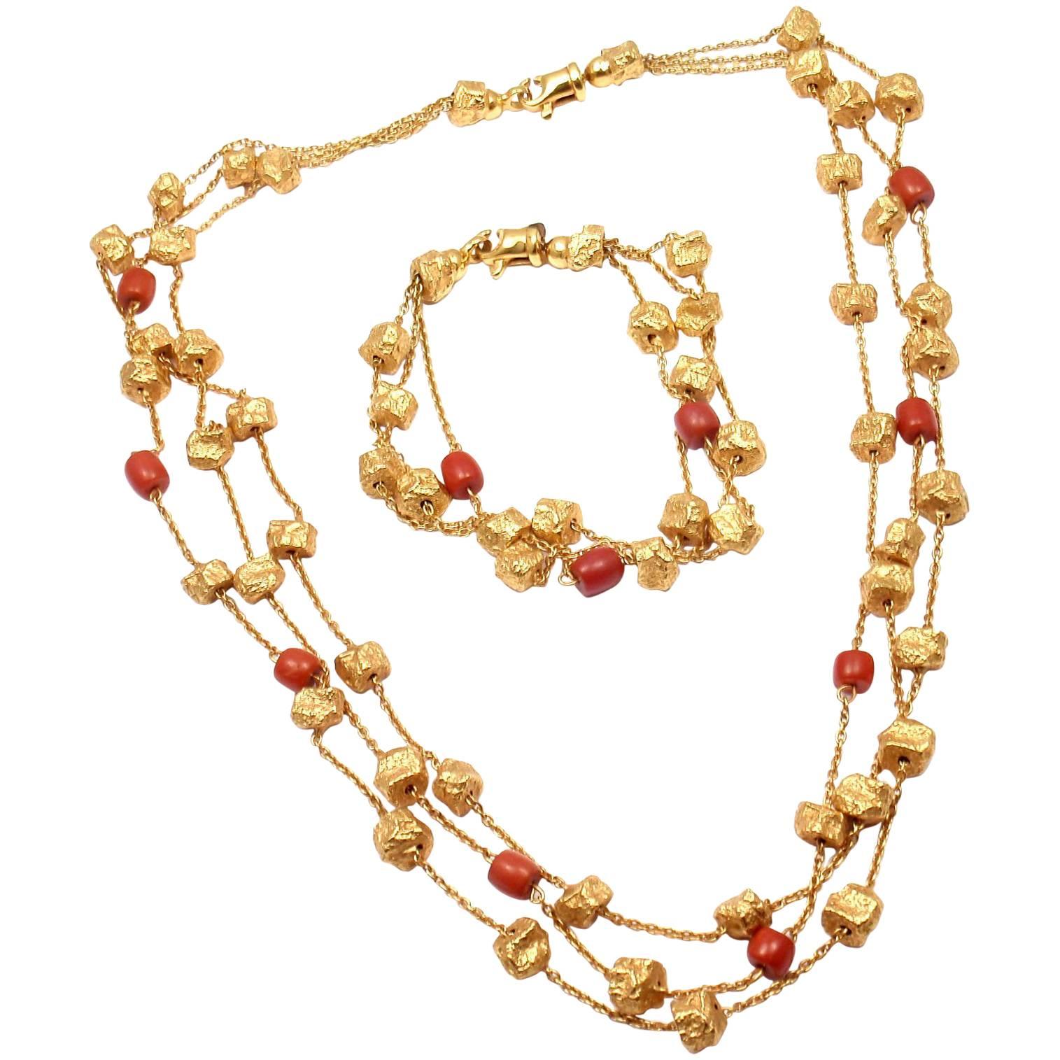 Roberto Coin Coral and Yellow Gold Nuggets Set of Bracelet and Necklace