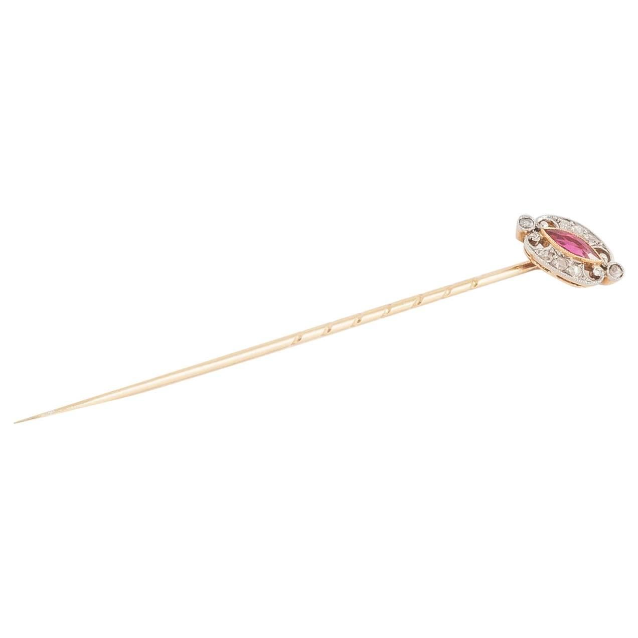 Tie Pin in Gold with Marquise Burma Ruby & Diamond Cluster, English circa 1900 For Sale
