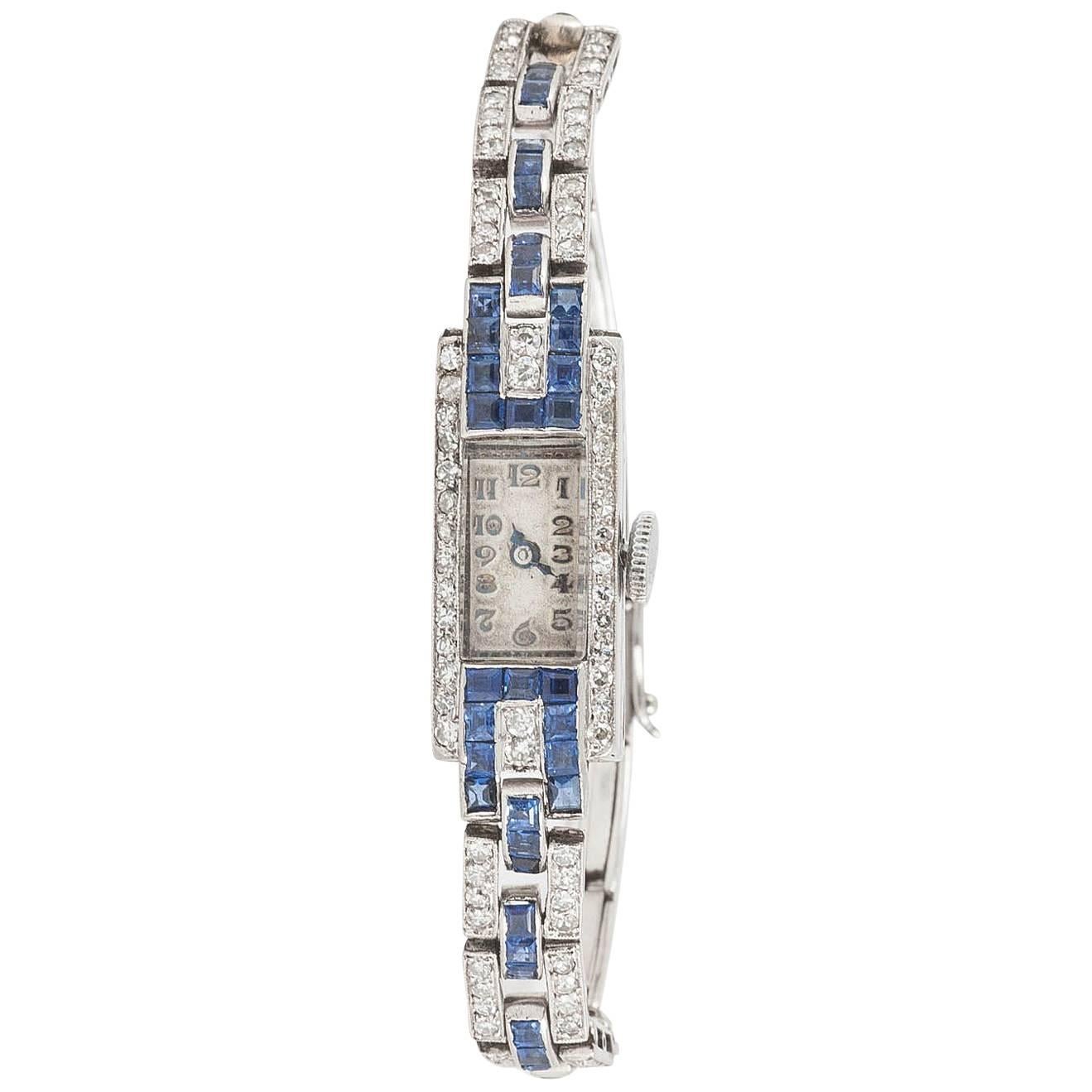 Ladies Platinum Diamond Sapphire Set Mechanical Wristwatch, circa 1925
