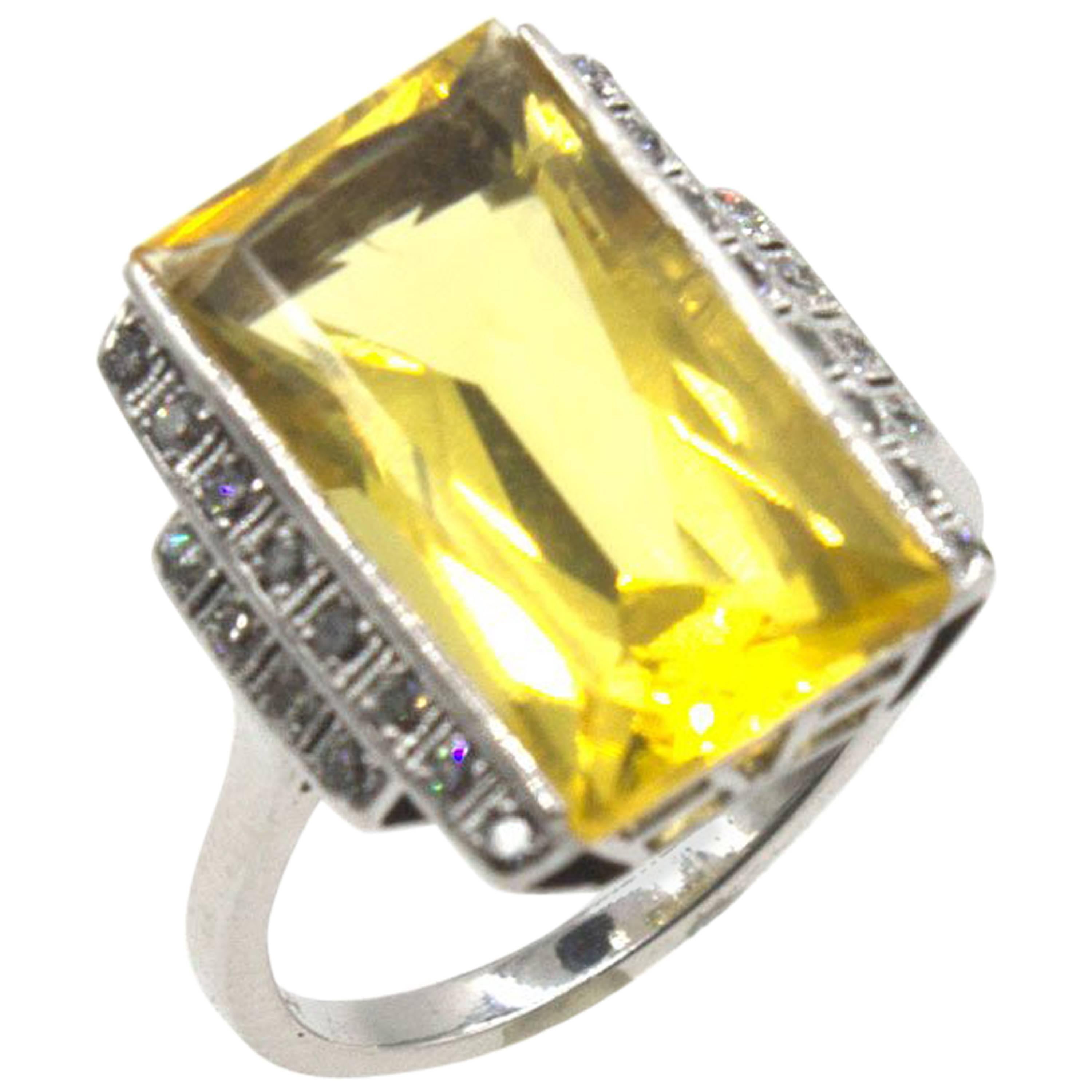 Art Deco Lemon Citrine Diamond Enamel Cocktail Ring