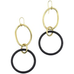 Faraone Mennella Modern Yellow Gold Onyx Hoop Drop Earrings