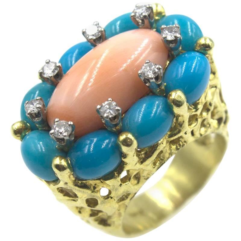 1960s Coral Turquoise Diamond Ring