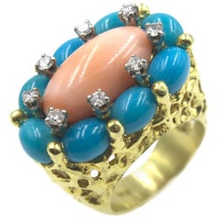 1960s Coral Turquoise Diamond Ring 9