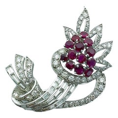 1940S Diamond Ruby Platinum Flower Brooch 11