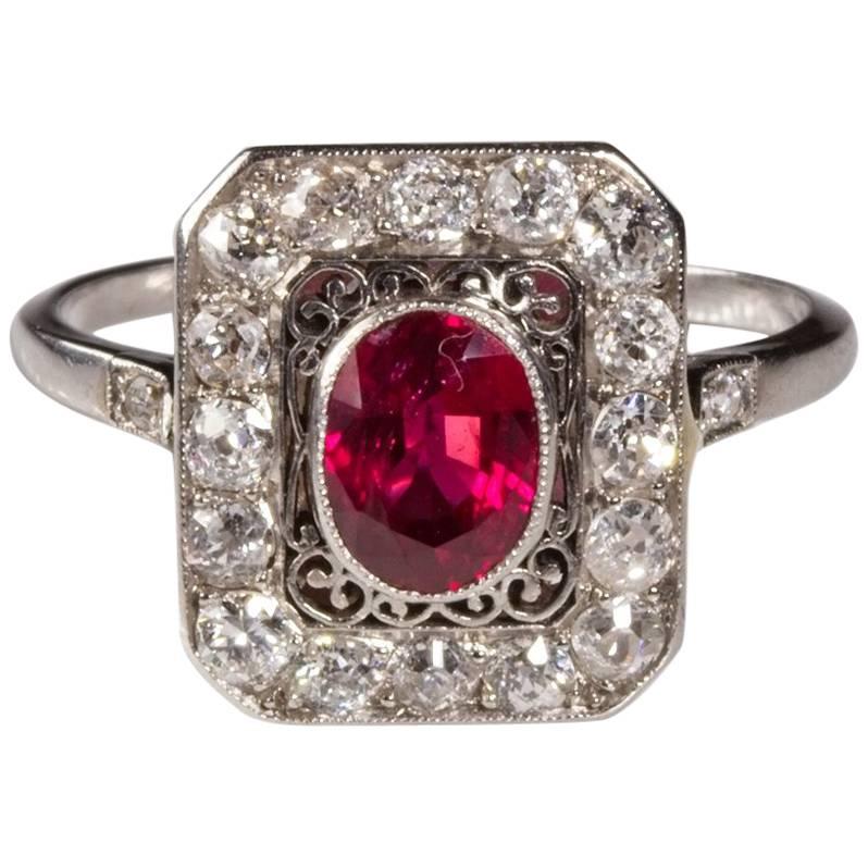 Art Deco French Ruby Diamond Platinum Ring For Sale