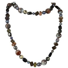 Botswana Agate Cobra Agate Smokey Quartz Pearl Onyx Long Silver Necklace