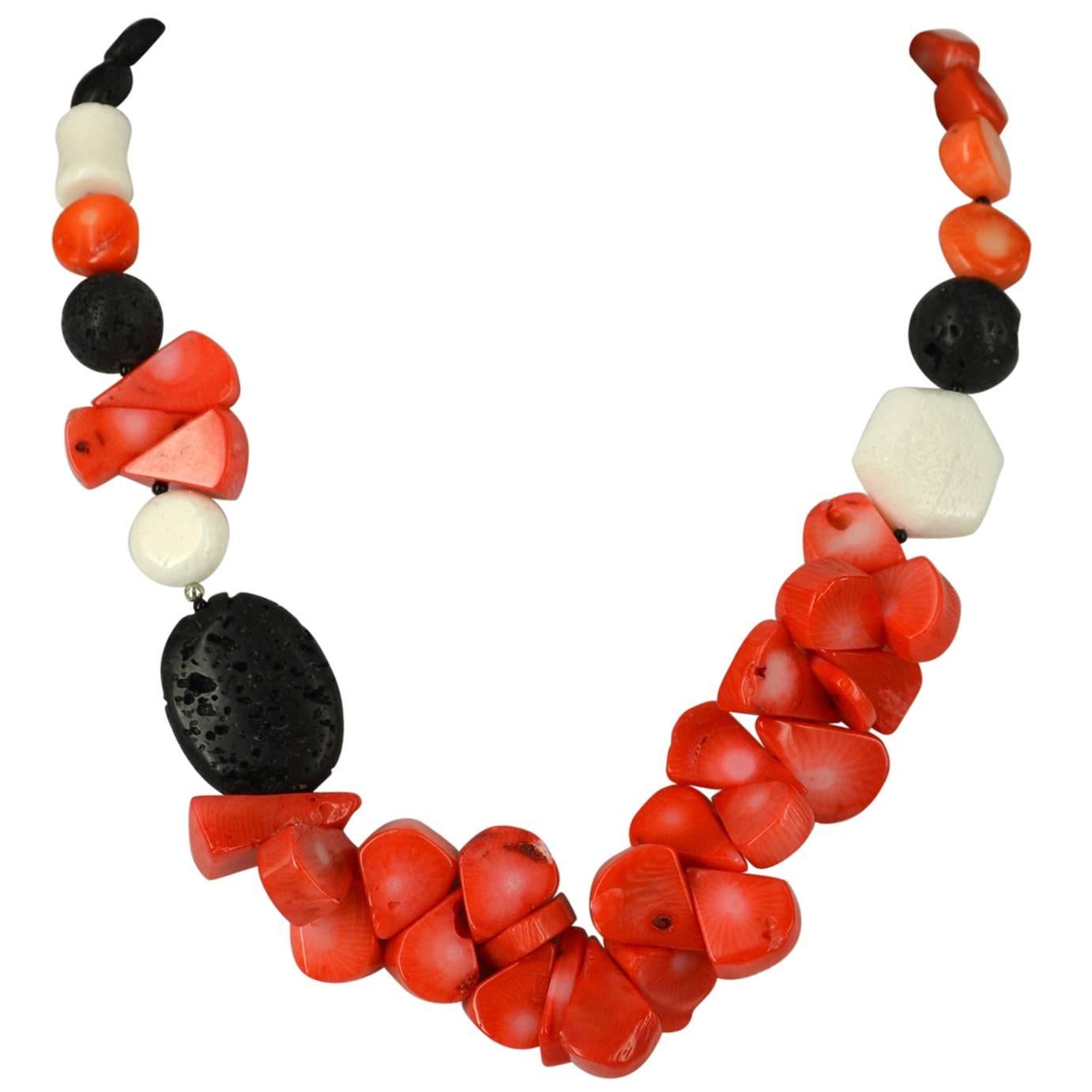 Decadent Jewels Orange Teardrop Coral Lava Onyx Silver Necklace