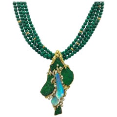 1980s Gilbert Albert Opal Malachite Diamond Gold Pendant Necklace