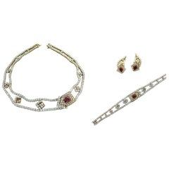 1970s M. Gerard Paris Diamond Ruby Cabochon Gold Set Necklace Earrings Bracelet