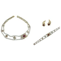 Vintage 1970s M. Gerard Paris Diamond Ruby Cabochon Gold Set Necklace Earrings Bracelet