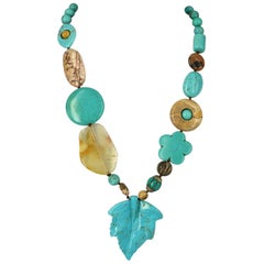 Turquoise Leaf Pendant Necklace Smokey Quartz Agate Jasper Silver