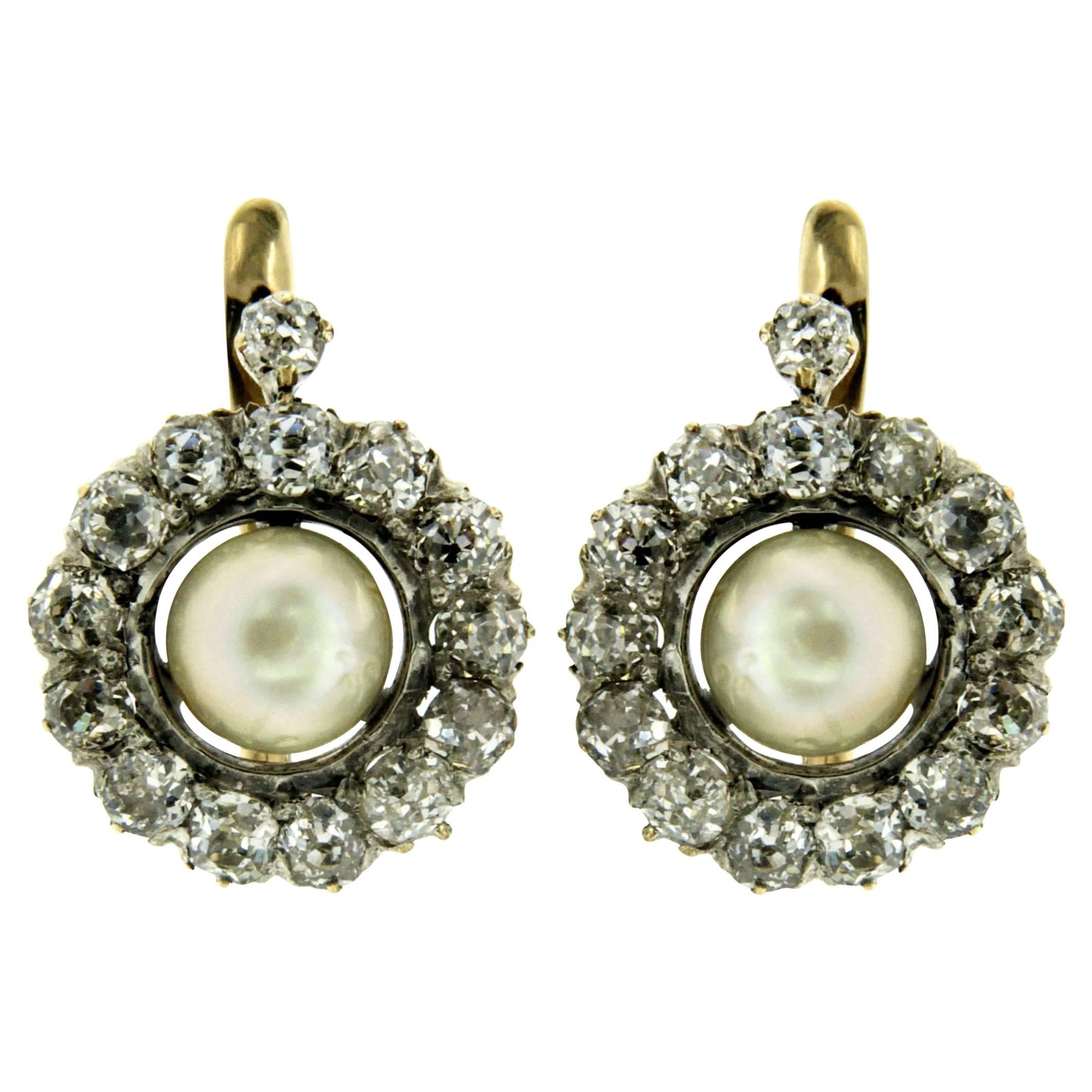 1890 Pearl Diamond Gold Cluster Earrings
