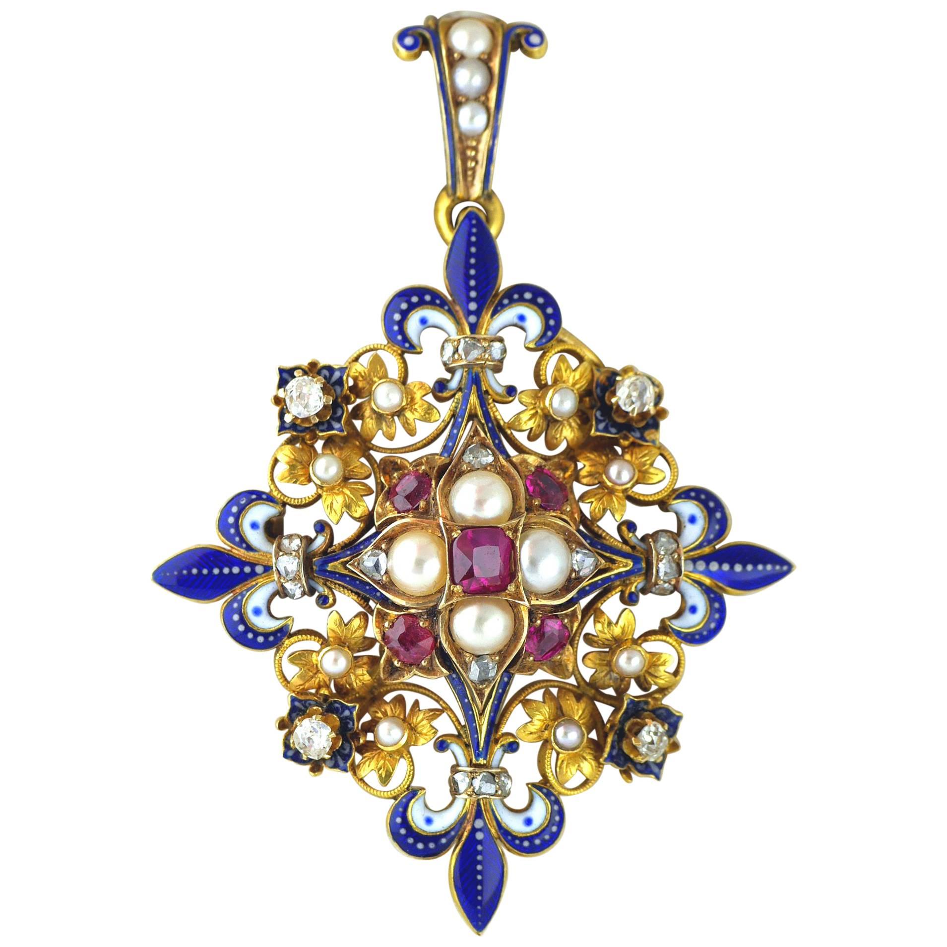 Victorian Holbeinesque Ruby, Pearl, Diamond and Enamel Pendant, circa ...