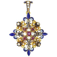 Victorian Holbeinesque Ruby, Pearl, Diamond and Enamel Pendant, circa 1860