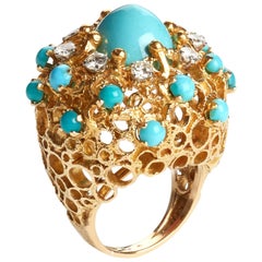 LG Treasures, 1970s Diamond Turquoise Gold Bomb Shape Ring