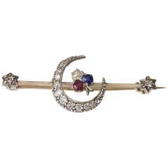 Antique Victorian Gold Sapphire Ruby Diamond Crescent Clover Stars Bar Brooch