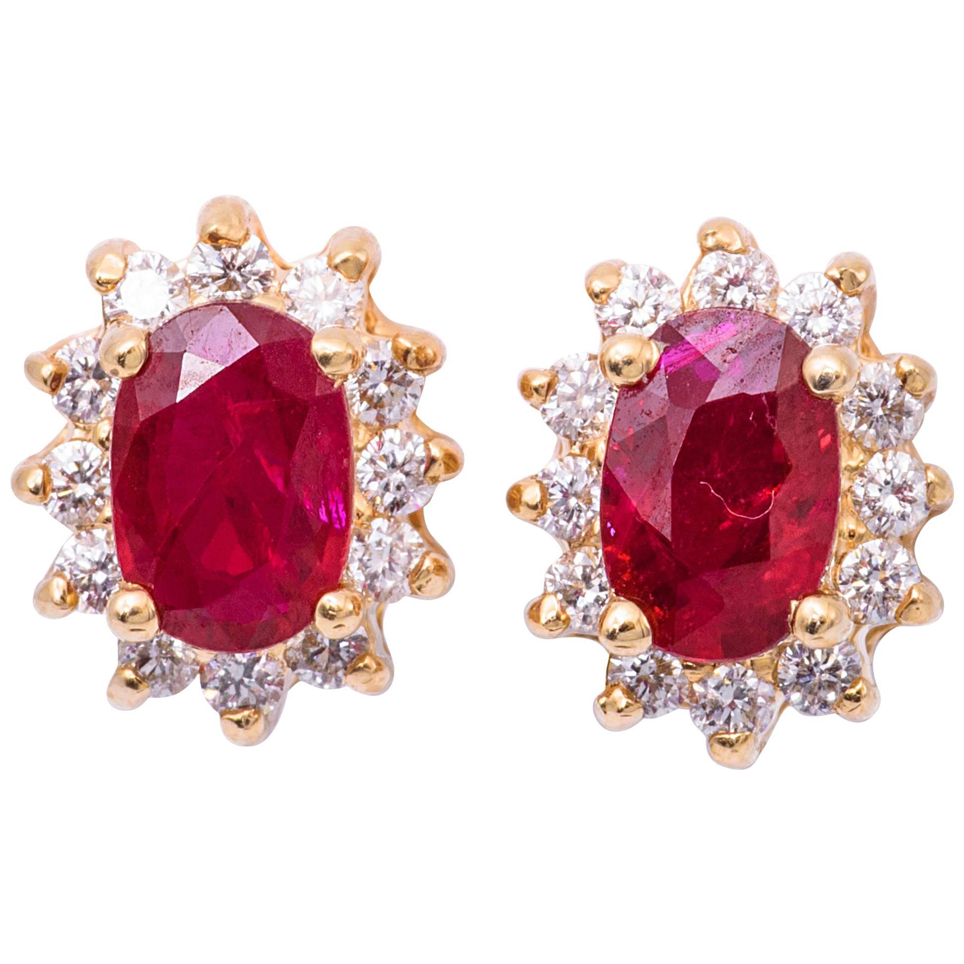 Oval Shape Ruby and Diamond Studs Earrings