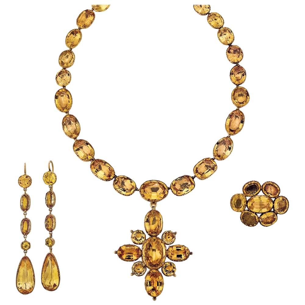 Georgian Topaz Suite with Riviere, Pendant, Brooch and Earrings For Sale