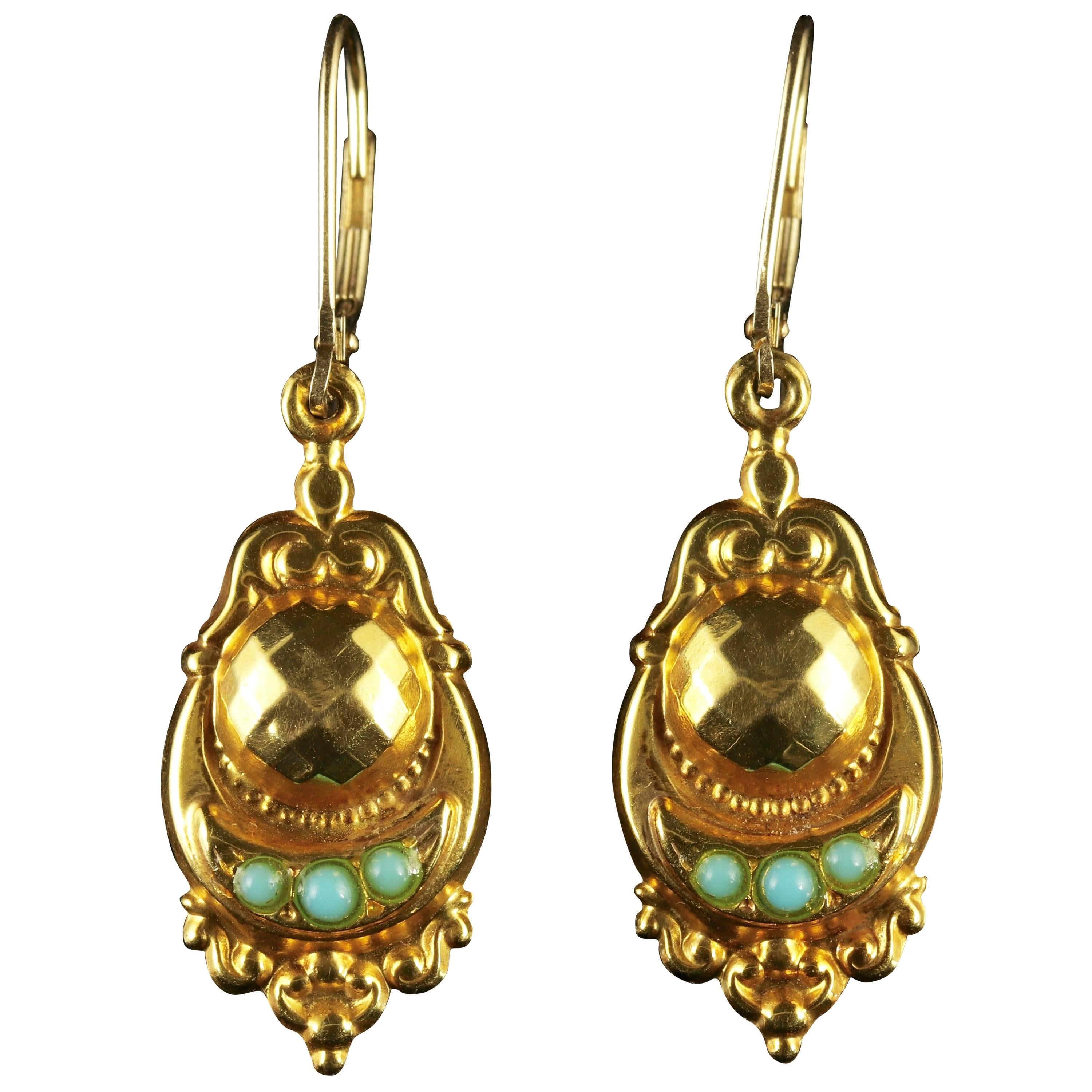 Antique Edwardian Turquoise Gold Earrings Dated 1909