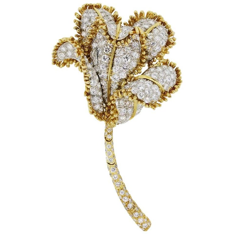 David Webb 13 Carat Diamond Flower Design Brooch For Sale