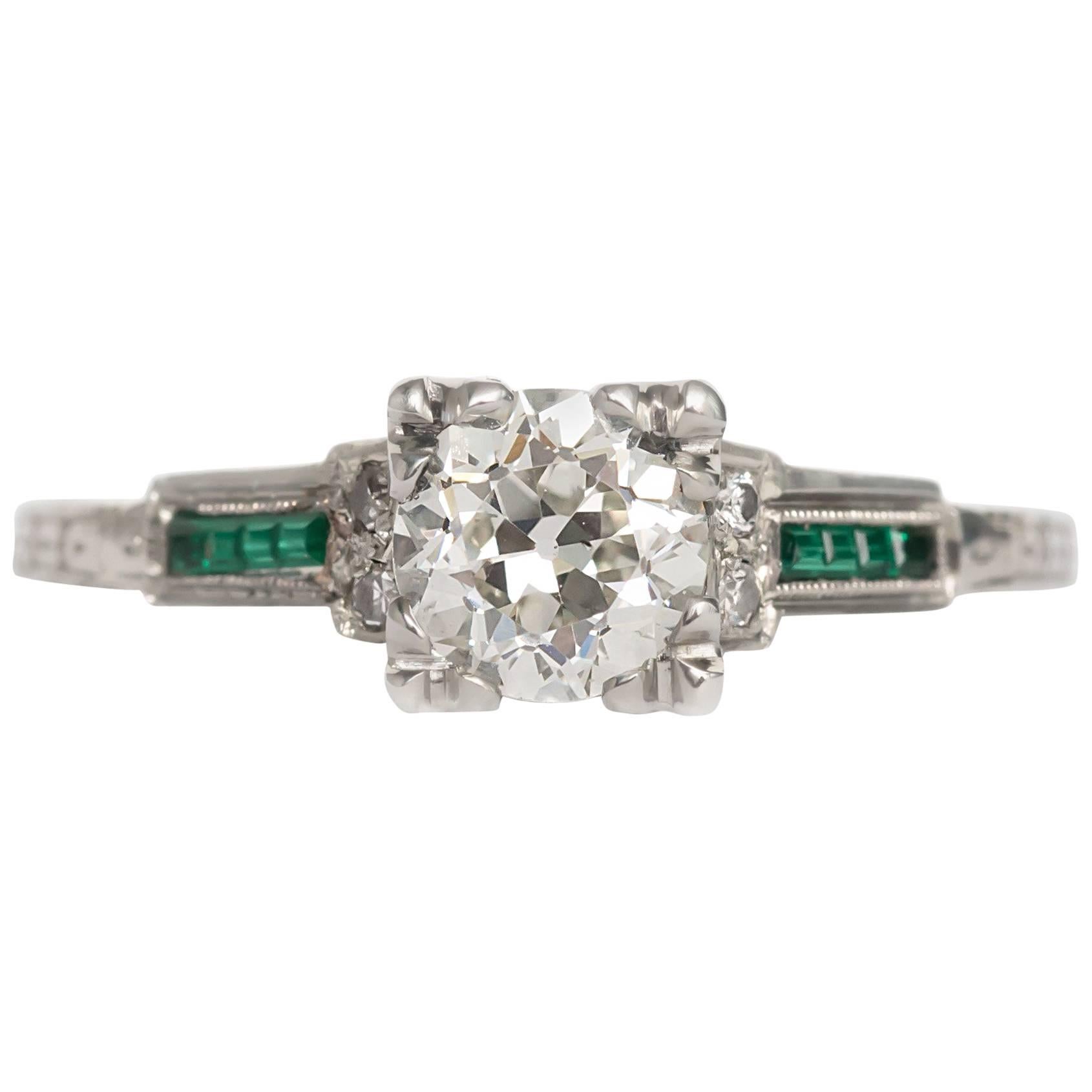 1930 White Gold Art Deco Circular Brilliant Diamond and Emerald Engagement Ring