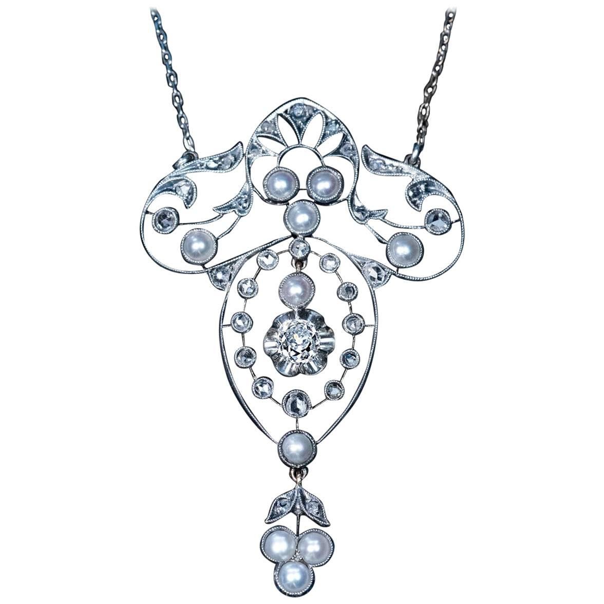 Antique Edwardian Pearl Diamond Pendant Necklace, 1900s