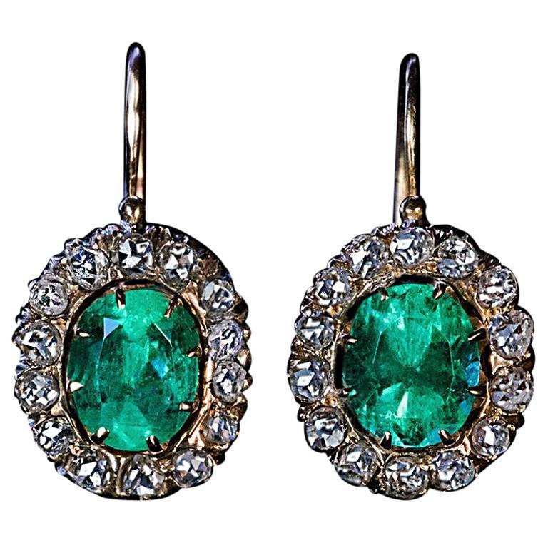 Antique Russian Emerald Rose Cut Diamond Earrings