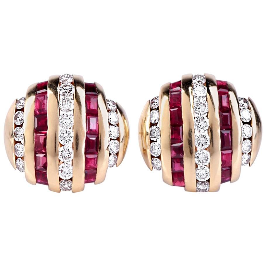 Ruby and Diamond Yellow Gold Clip-Back Stud Earrings
