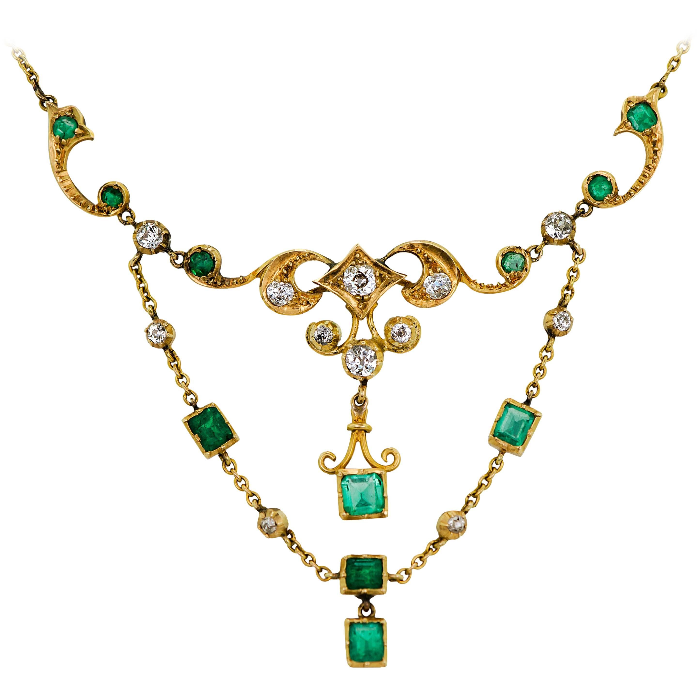 Turn of the Century Emerald Diamond and Yellow Gold Festoon Necklace