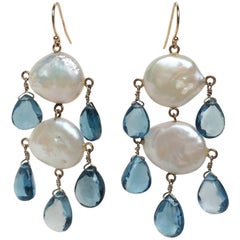 Marina J Double Pearl Earrings with London Blue Topaz Drops and 14 k  gold 