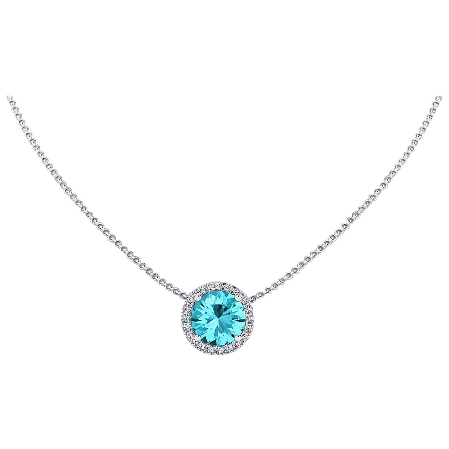 1.73 Carat Natural Blue Apatite Halo Diamond 18 Karat Gold Necklace For Sale