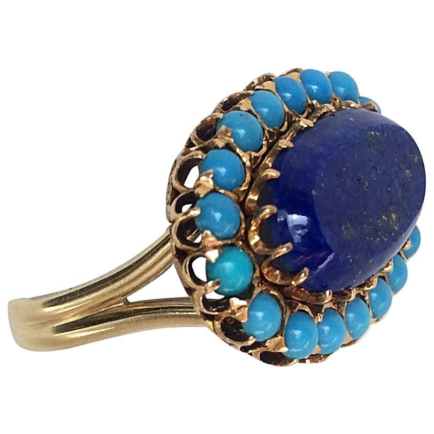 Lapis Lazuli , Turquoise, and 14k Yellow Gold Ring Size 7.5