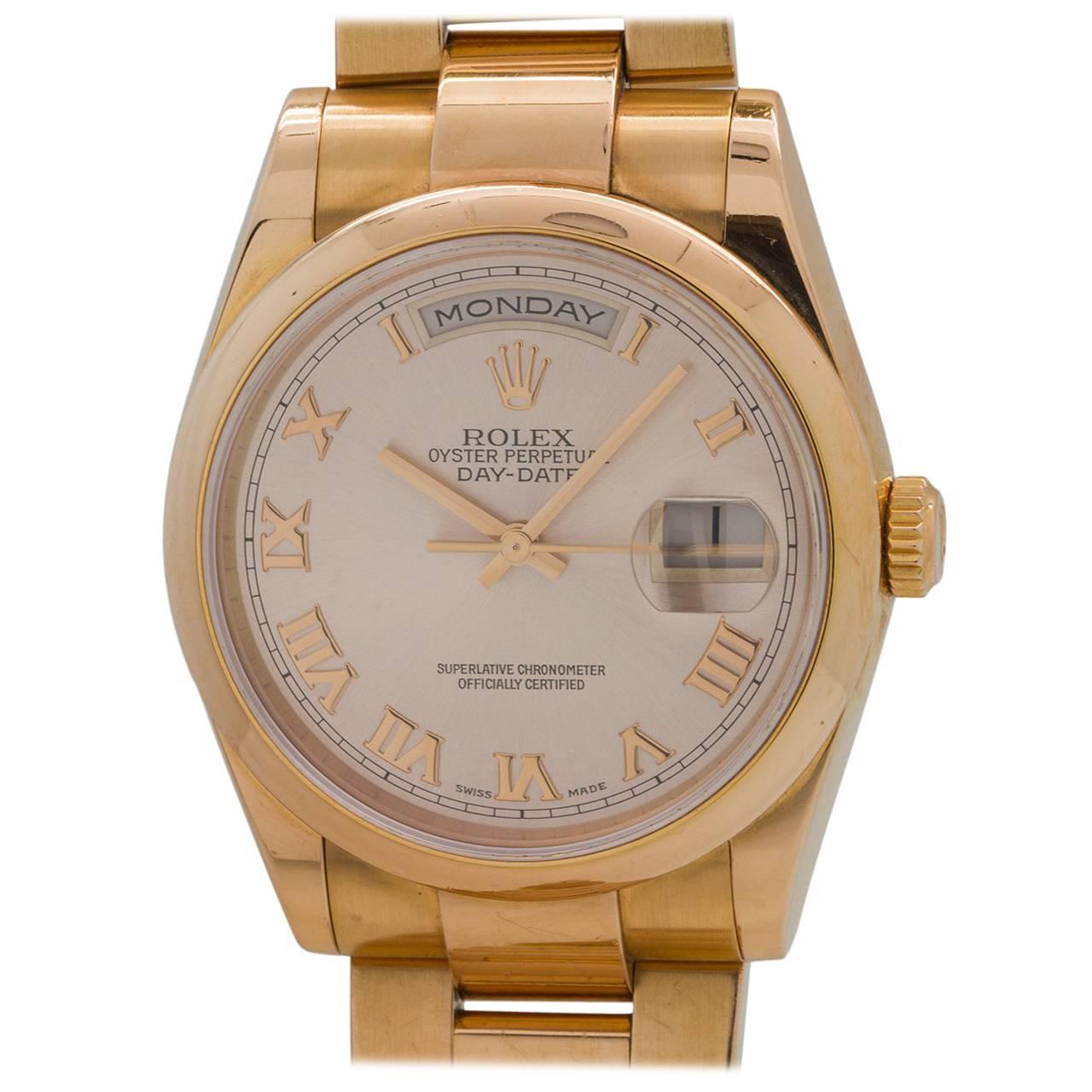 Rolex Yellow Gold Oyster President Roman Rose Dial Wristwatch, circa 2000