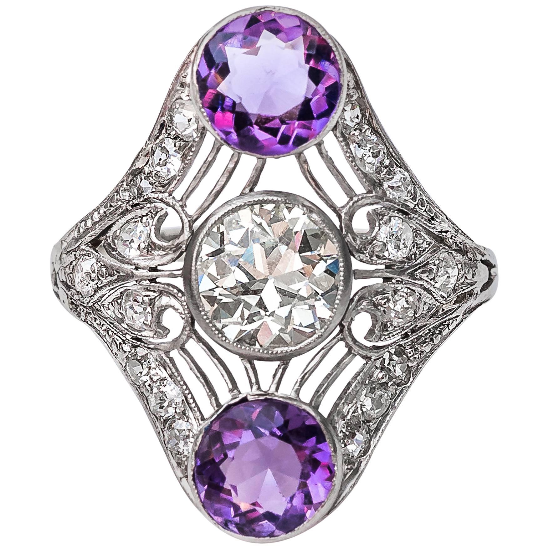 1920s Art Deco GIA Certified 1.34 Carat Diamond Amethyst Platinum