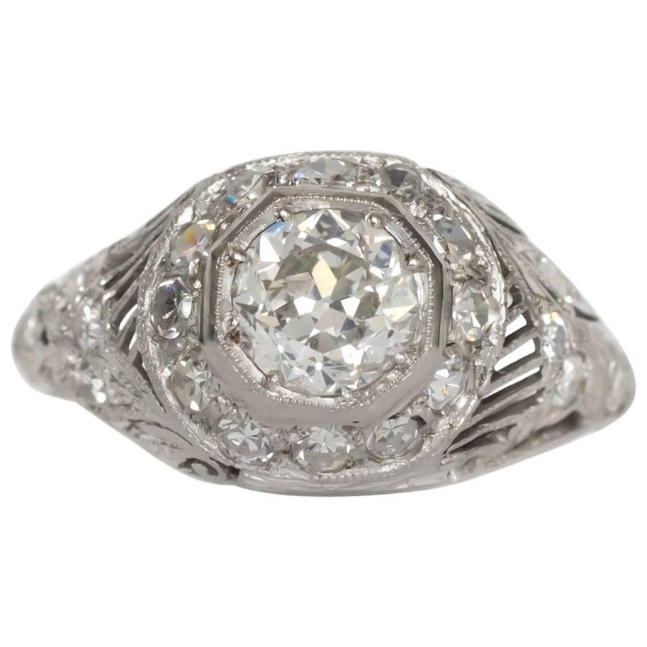 1920 Art Deco .74 Carat Circular Brilliant Cut Diamond Platinum Engagement Ring