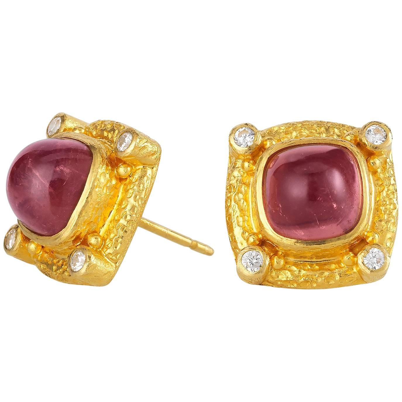 Pink Tourmaline, Diamond and Gold Earings