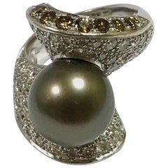 Cultured Pearl White and Brown Diamonds White Gold Ring 5