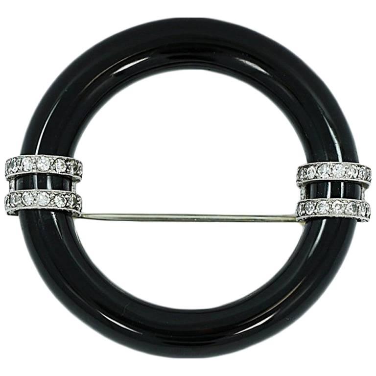 Art Deco Marcus & Co. Onyx and Diamond Circle Pin For Sale