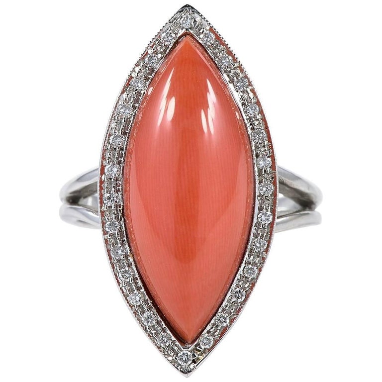 Sardinia Red Coral and Diamond Vintage Natural Coral Ring at 1stDibs