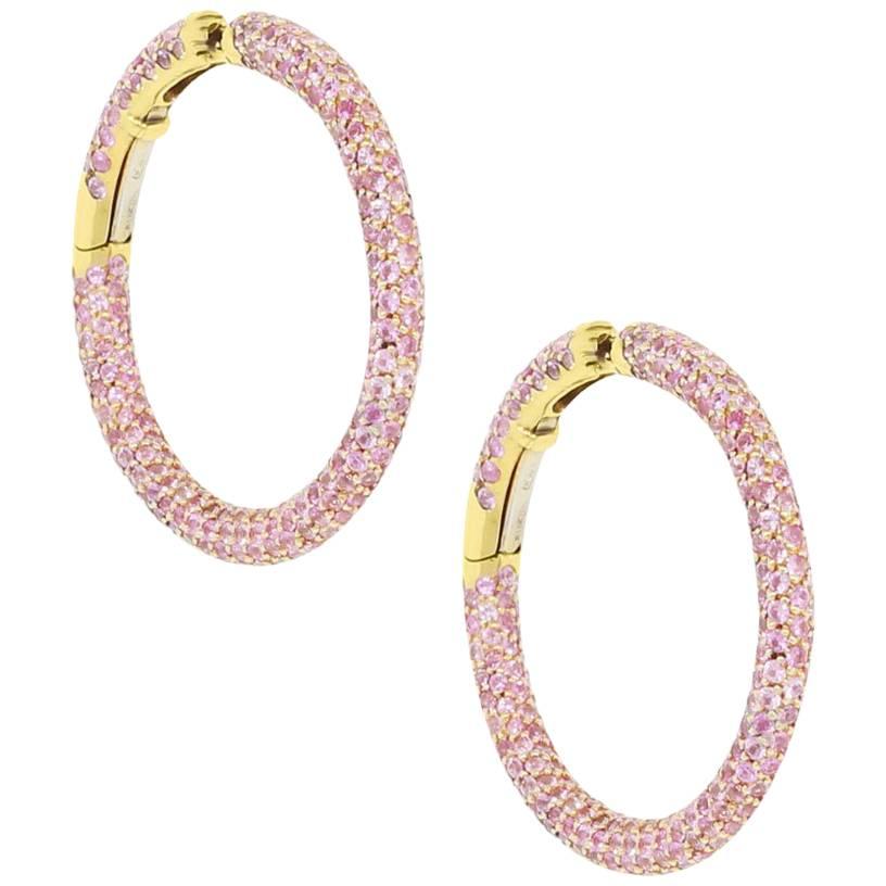 6 Carat Pink Sapphire Inside Out Yellow Gold Hoop Earrings