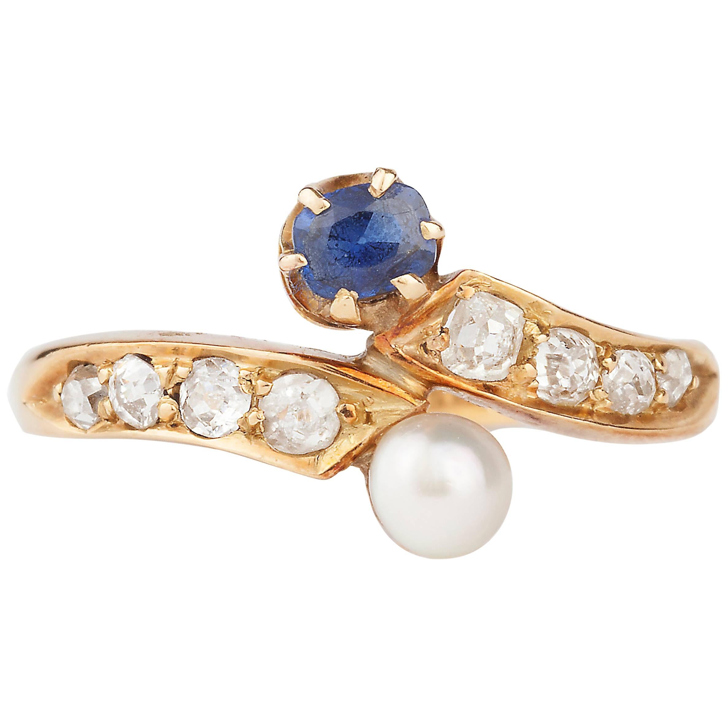 Victorian 18 Karat Gold Sapphire and Natural Pearl Ring For Sale