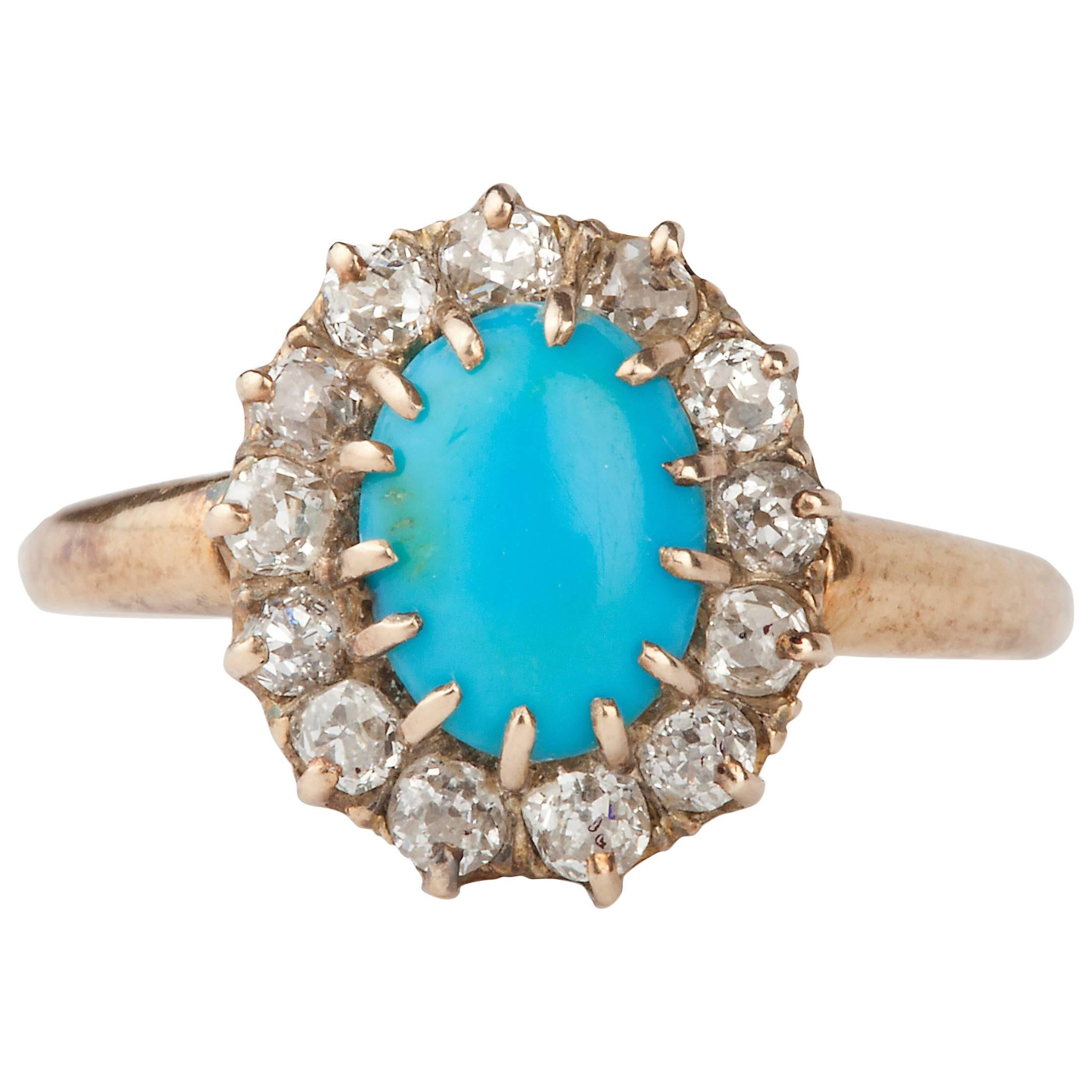 Turquoise and Diamond Victorian Ring For Sale